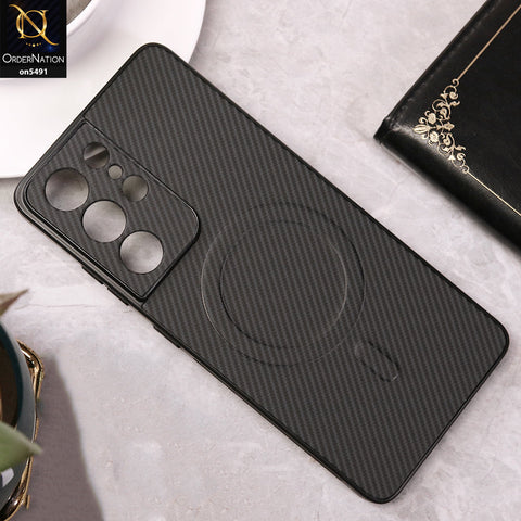 Samsung Galaxy S21 Ultra 5G Cover - Black - Elegant Carbon Fiber Texture Magsafe Style Soft Borders Case Wirh Camera Protection