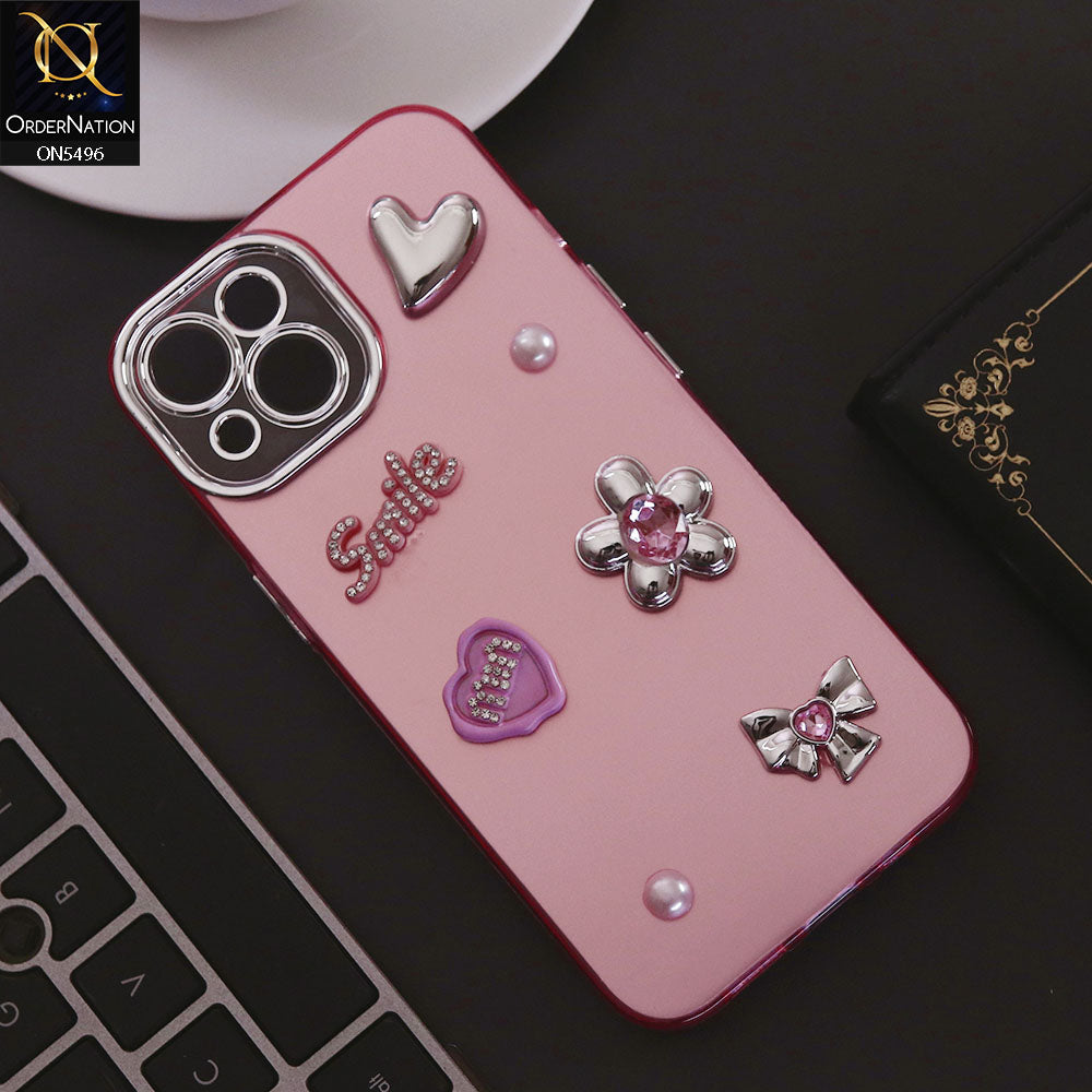 iPhone 13 Cover - Pink - 3D Smile Cartoon Matte Shinny Case With Camera Protection Soft Border Case