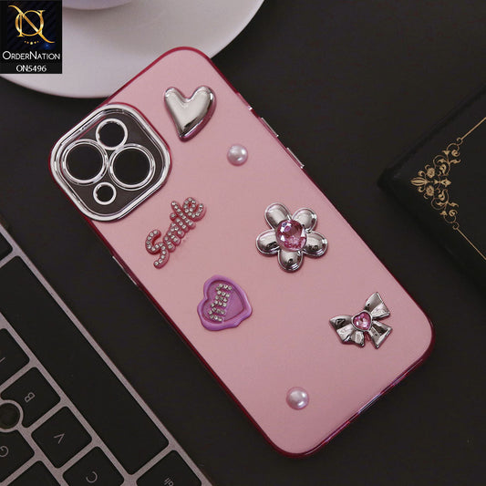 iPhone 13 Cover - Pink - 3D Smile Cartoon Matte Shinny Case With Camera Protection Soft Border Case