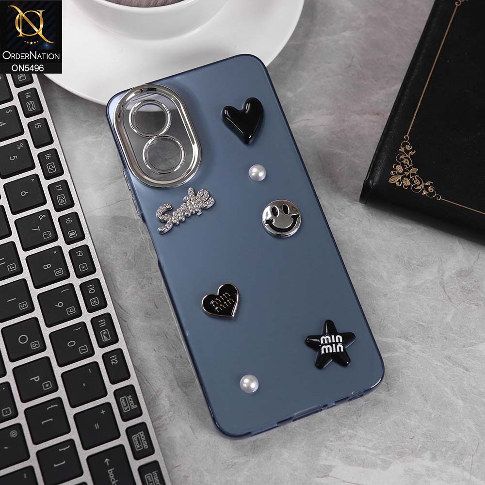 Oppo A38 Cover - Blue -  3D Smile Cartoon Matte Shinny Case With Camera Protection Soft Border Case