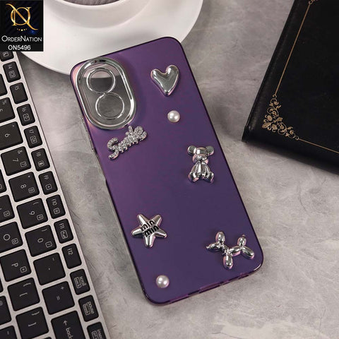 Oppo A38 Cover - Purple -  3D Smile Cartoon Matte Shinny Case With Camera Protection Soft Border Case