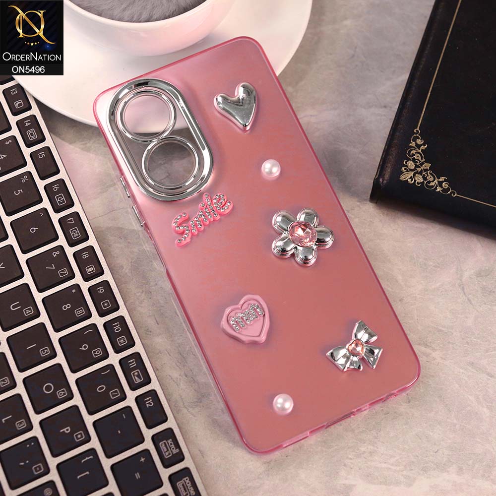 Oppo A58 4G Cover - Pink -  3D Smile Cartoon Matte Shinny Case With Camera Protection Soft Border Case
