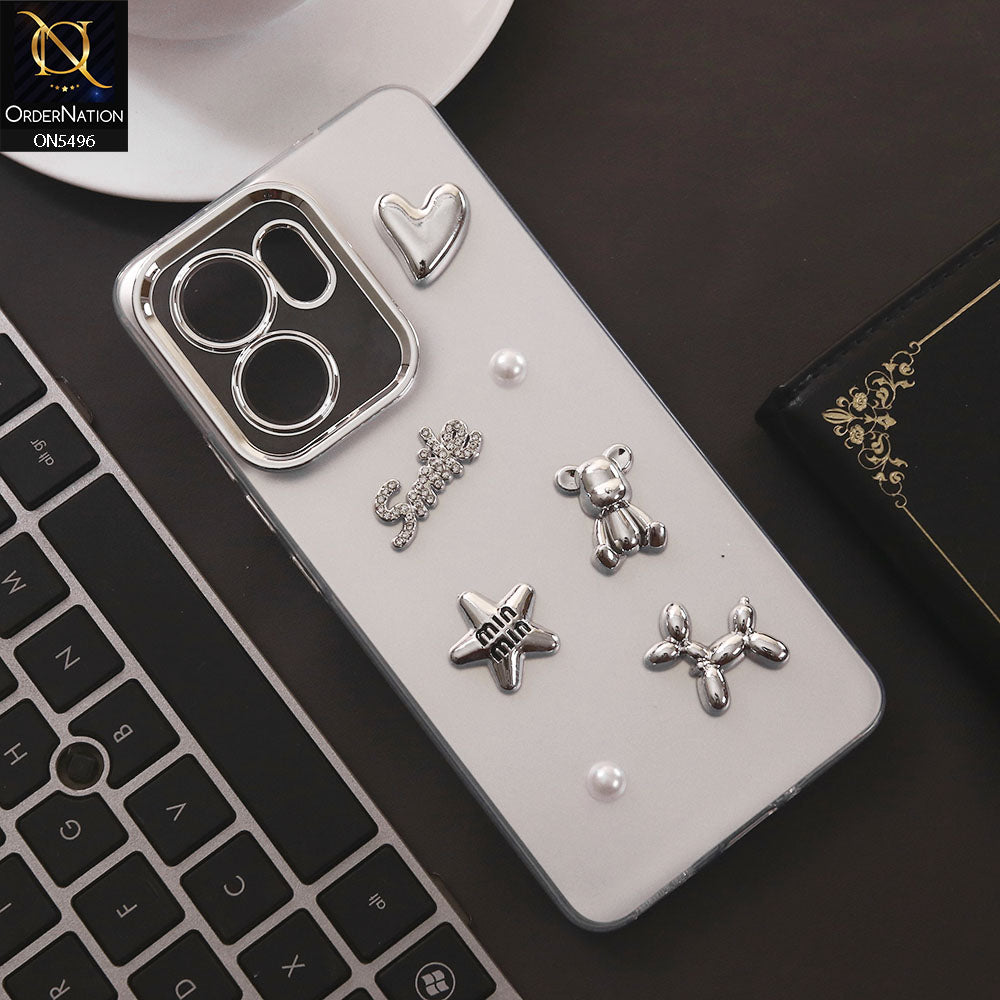 Oppo Reno 13F 4G Cover - Silver - 3D Smile Cartoon Matte Shinny Case With Camera Protection Soft Border Case