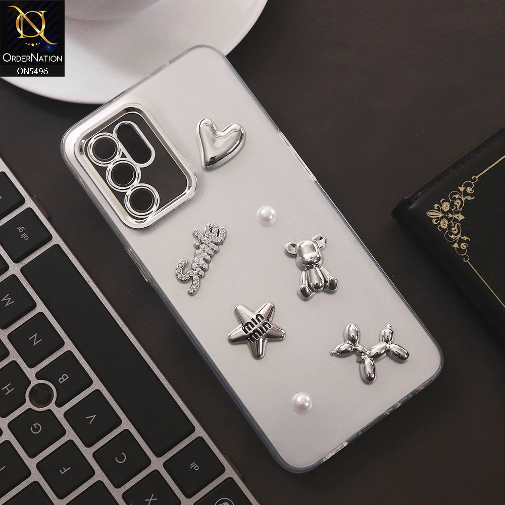 Oppo Reno 6 Cover - Silver - 3D Smile Cartoon Matte Shinny Case With Camera Protection Soft Border Case