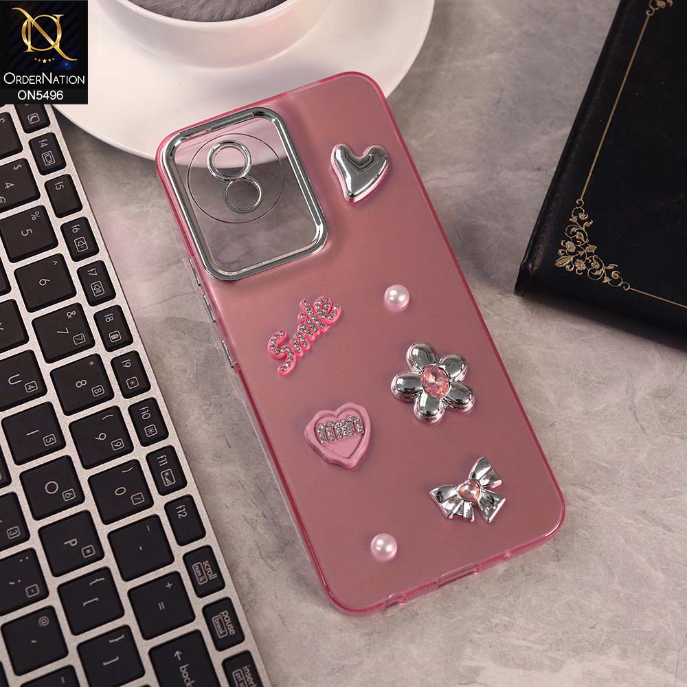 Vivo Y02 Cover - Pink -  3D Smile Cartoon Matte Shinny Case With Camera Protection Soft Border Case