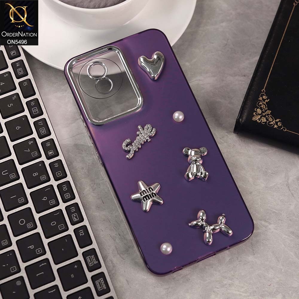 Vivo Y02t Cover - Purple -  3D Smile Cartoon Matte Shinny Case With Camera Protection Soft Border Case