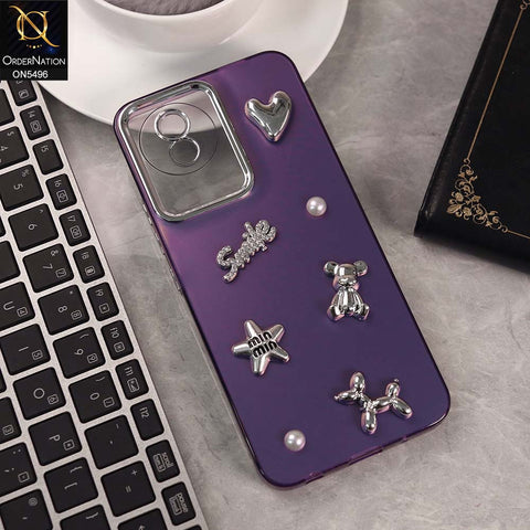 Vivo Y02t Cover - Purple -  3D Smile Cartoon Matte Shinny Case With Camera Protection Soft Border Case