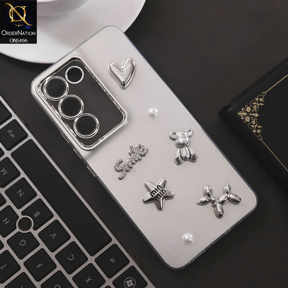 Vivo V30 Lite 4G Cover - Silver - 3D Smile Cartoon Matte Shinny Case With Camera Protection Soft Border Case