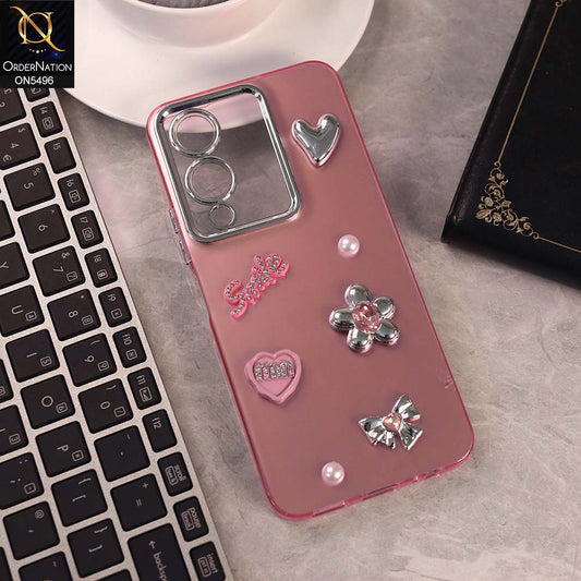 Vivo Y28 5G Cover - Pink -  3D Smile Cartoon Matte Shinny Case With Camera Protection Soft Border Case