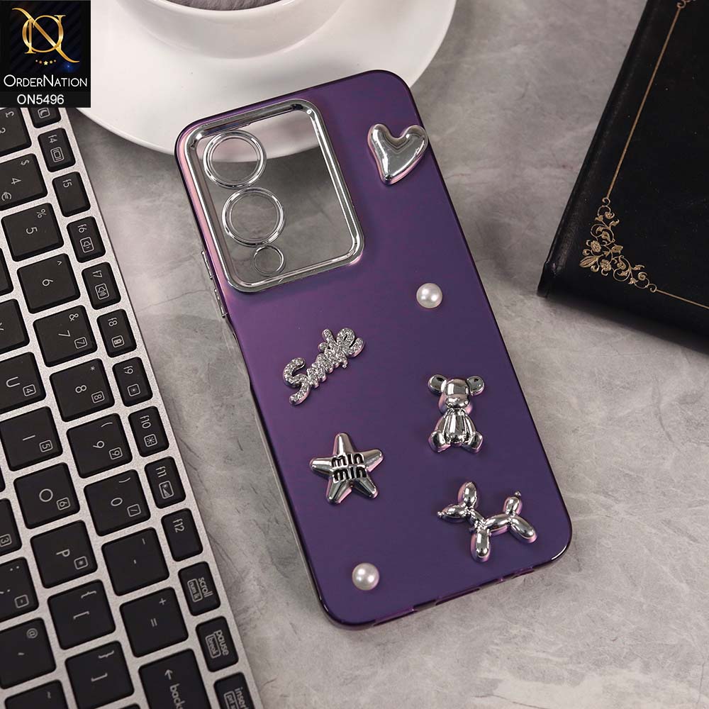 Vivo Y28 5G Cover - Purple -  3D Smile Cartoon Matte Shinny Case With Camera Protection Soft Border Case