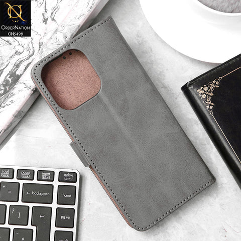 iPhone 14 Pro Max Cover - Gray - Premium PU Leather Magnetic Flip Book Card Slots Wallet Soft Case