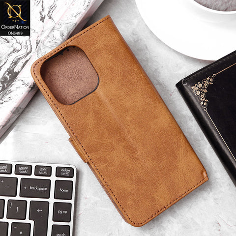 iPhone 14 Pro Max Cover - Light Brown - Premium PU Leather Magnetic Flip Book Card Slots Wallet Soft Case