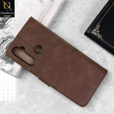 Realme 5i Cover - Dark Brown - Premium PU Leather Magnetic Flip Book Card Slots Wallet Soft Case