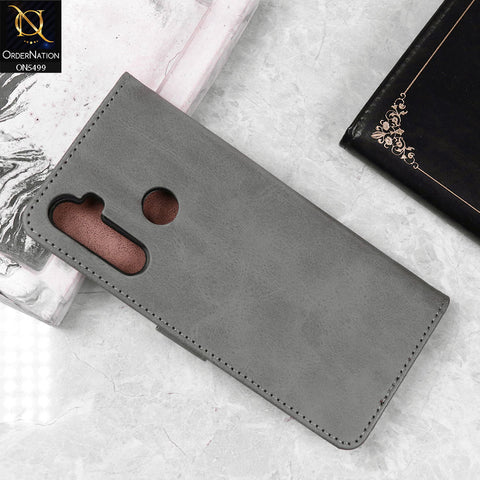 Realme 5s Cover - Gray - Premium PU Leather Magnetic Flip Book Card Slots Wallet Soft Case