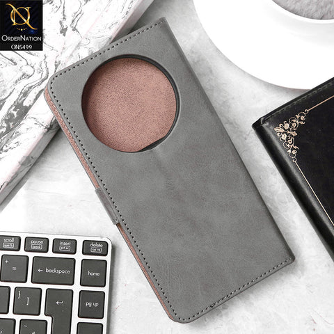Oppo F27 Cover - Gray - Premium PU Leather Magnetic Flip Book Card Slots Wallet Soft Case
