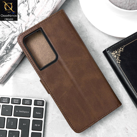 Samsung Galaxy S21 Ultra Cover - Dark Brown - Premium PU Leather Magnetic Flip Book Card Slots Wallet Soft Case