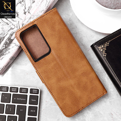 Samsung Galaxy S21 Ultra Cover - Light Brown - Premium PU Leather Magnetic Flip Book Card Slots Wallet Soft Case