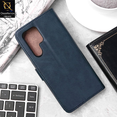 Samsung Galaxy S22 Ultra Cover - Blue - Premium PU Leather Magnetic Flip Book Card Slots Wallet Soft Case