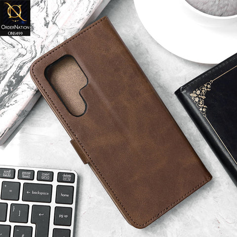 Samsung Galaxy S22 Ultra Cover - Dark Brown - Premium PU Leather Magnetic Flip Book Card Slots Wallet Soft Case