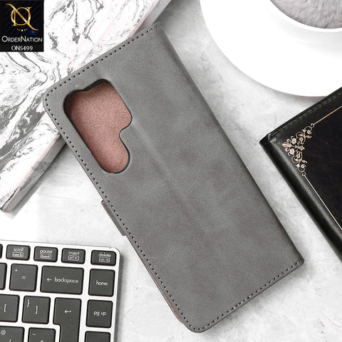 Samsung Galaxy S24 Ultra Cover - Gray - Premium PU Leather Magnetic Flip Book Card Slots Wallet Soft Case
