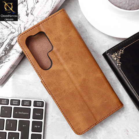Samsung Galaxy S24 Ultra Cover - Light Brown - Premium PU Leather Magnetic Flip Book Card Slots Wallet Soft Case