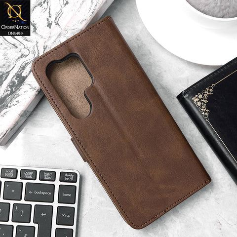Samsung Galaxy S25 Ultra Cover - Dark Brown - Premium PU Leather Magnetic Flip Book Card Slots Wallet Soft Case
