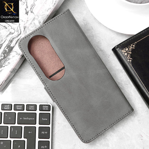 Vivo V40 Cover - Gray - Premium PU Leather Magnetic Flip Book Card Slots Wallet Soft Case