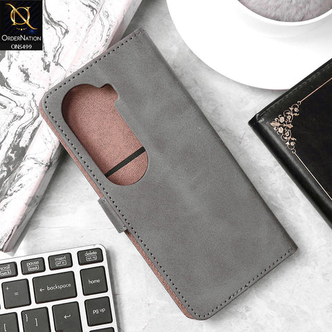 Vivo V40e Cover - Gray - Premium PU Leather Magnetic Flip Book Card Slots Wallet Soft Case