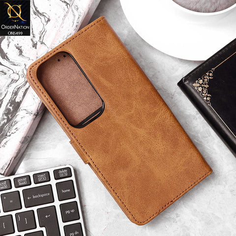 Vivo Y29 Cover - Light Brown - Premium PU Leather Magnetic Flip Book Card Slots Wallet Soft Case