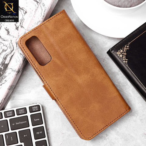 Vivo Y20s Cover - Light Brown - Premium PU Leather Magnetic Flip Book Card Slots Wallet Soft Case