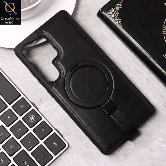 Samsung Galaxy S25 Ultra Cover - Black -J-Case Luxury Stitched Leather Back Magnetic Ring Bracket Kickstand and Strap Holder Protective Soft Borders Case