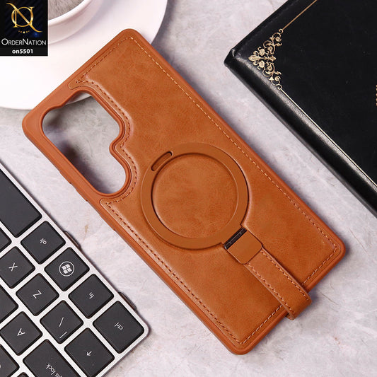 Samsung Galaxy S25 Ultra Cover - Brown -J-Case Luxury Stitched Leather Back Magnetic Ring Bracket Kickstand and Strap Holder Protective Soft Borders Case