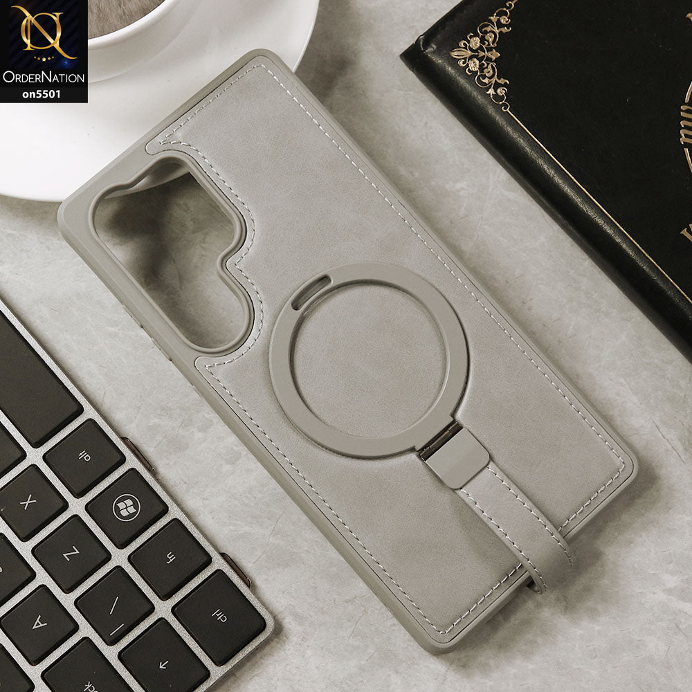 Samsung Galaxy S25 Ultra Cover - Gray -J-Case Luxury Stitched Leather Back Magnetic Ring Bracket Kickstand and Strap Holder Protective Soft Borders Case