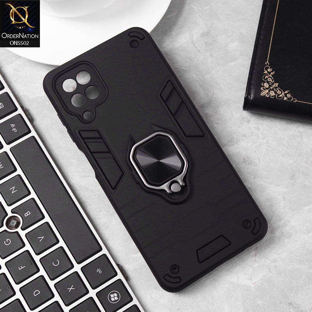 Samsung Galaxy A12 Cover - Black - New Dual PC + TPU Hybrid Style Protective Soft Border Case With Kickstand Holder