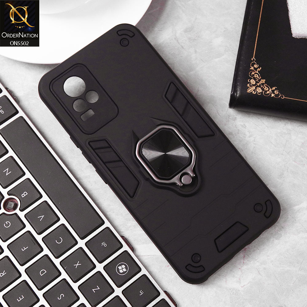 Vivo V21e Cover - Black - New Dual PC + TPU Hybrid Style Protective Soft Border Case With Kickstand Holder