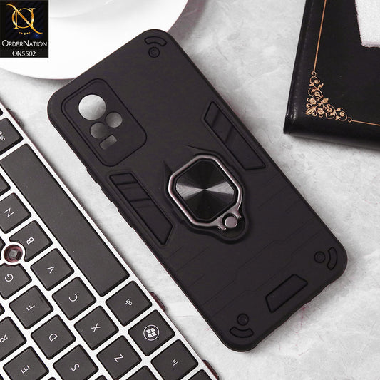 Vivo V21e Cover - Black - New Dual PC + TPU Hybrid Style Protective Soft Border Case With Kickstand Holder