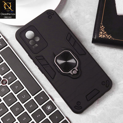 Vivo V21e Cover - Black - New Dual PC + TPU Hybrid Style Protective Soft Border Case With Kickstand Holder