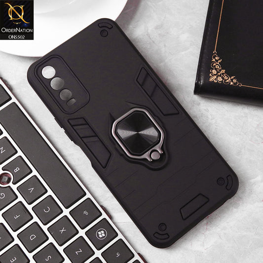 Vivo Y20s Cover - Black - New Dual PC + TPU Hybrid Style Protective Soft Border Case With Kickstand Holder