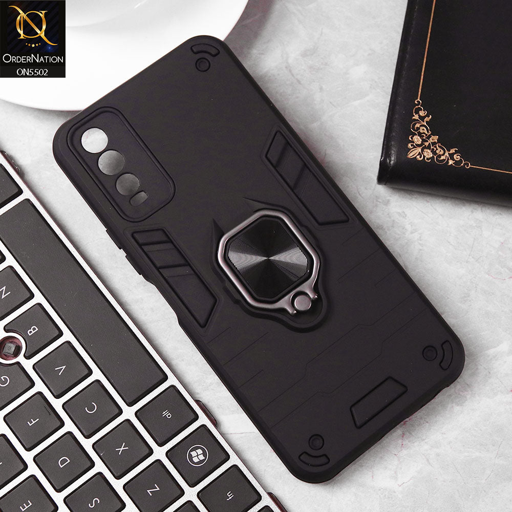 Vivo Y12s Cover - Black - New Dual PC + TPU Hybrid Style Protective Soft Border Case With Kickstand Holder