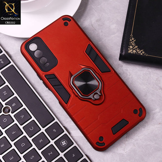 Vivo Y20T Cover - Red - New Dual PC + TPU Hybrid Style Protective Soft Border Case With Kickstand Holder