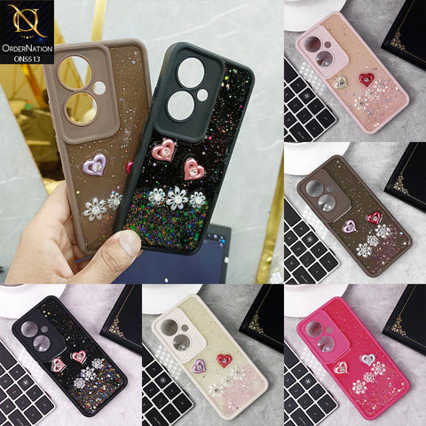 Oppo F25 Pro Cover - Black - New Shiny Glitter Rhinestone Floral Hearts Soft Case With Camera Protection (Glitter Does Not Move)