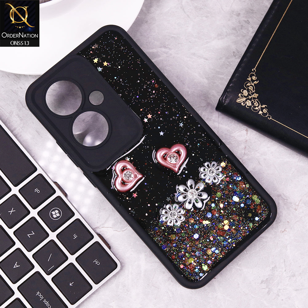 Oppo F25 Pro Cover - Black - New Shiny Glitter Rhinestone Floral Hearts Soft Case With Camera Protection (Glitter Does Not Move)