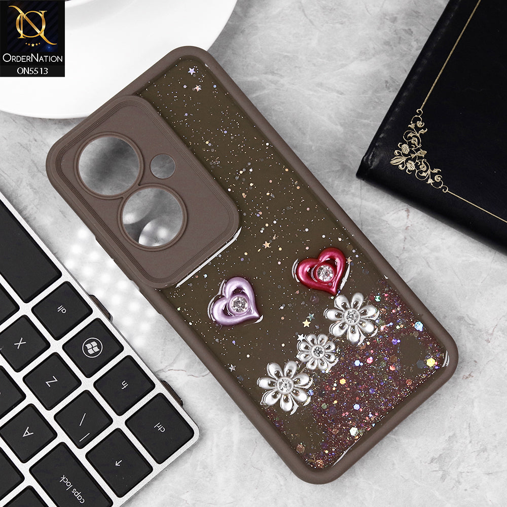 Oppo F25 Pro Cover - Brown - New Shiny Glitter Rhinestone Floral Hearts Soft Case With Camera Protection (Glitter Does Not Move)