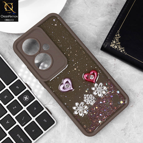 Oppo F25 Pro Cover - Brown - New Shiny Glitter Rhinestone Floral Hearts Soft Case With Camera Protection (Glitter Does Not Move)