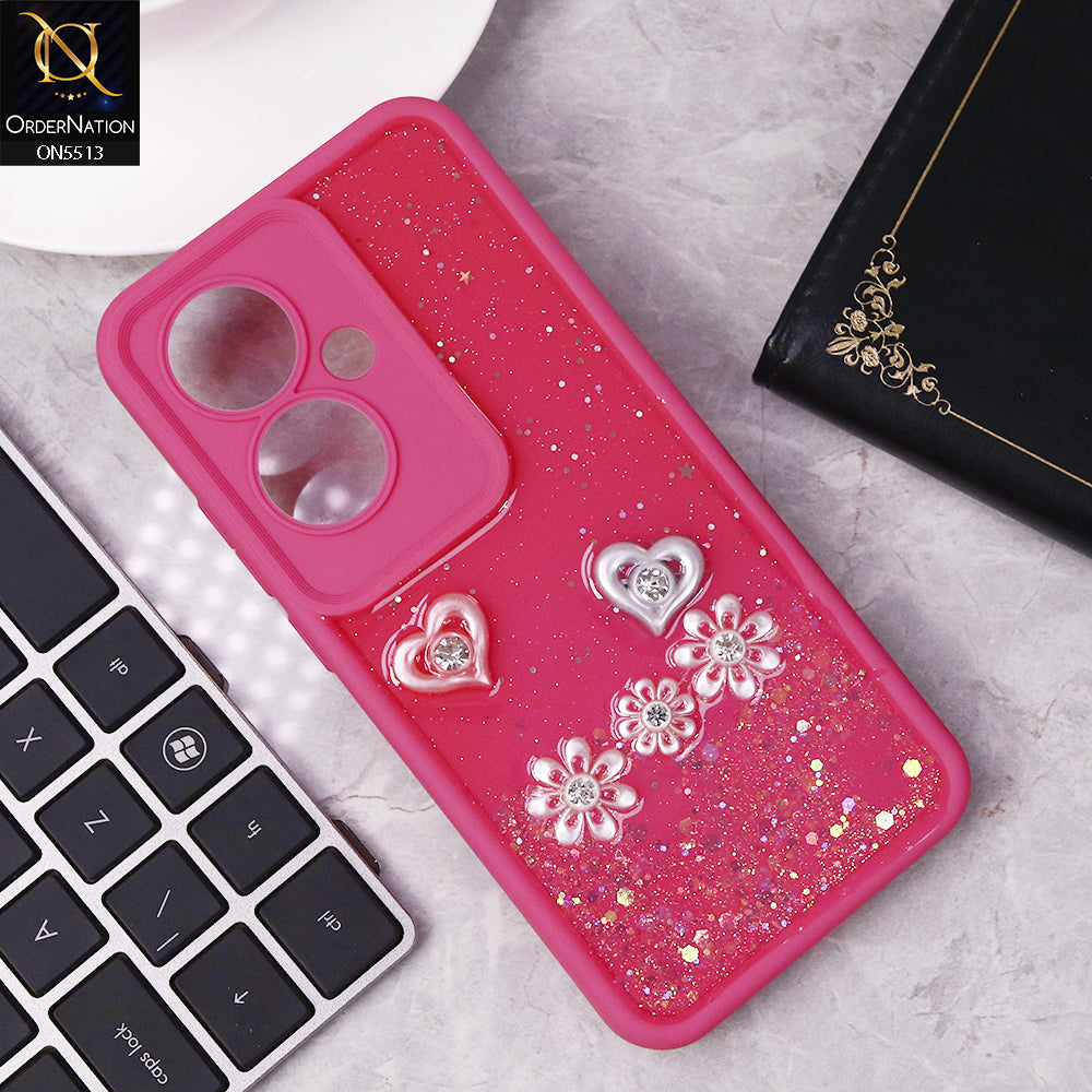 Oppo F25 Pro Cover - Dark Pink - New Shiny Glitter Rhinestone Floral Hearts Soft Case With Camera Protection (Glitter Does Not Move)
