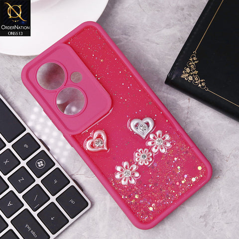 Oppo F25 Pro Cover - Dark Pink - New Shiny Glitter Rhinestone Floral Hearts Soft Case With Camera Protection (Glitter Does Not Move)