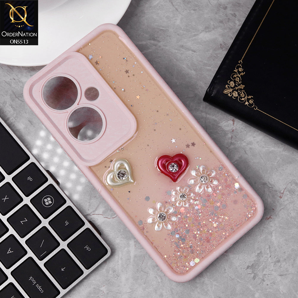 Oppo Reno 11F 5G Cover - Pink - New Shiny Glitter Rhinestone Floral Hearts Soft Case With Camera Protection (Glitter Does Not Move)
