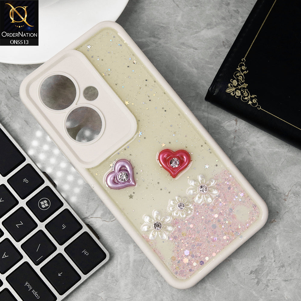 Oppo F25 Pro Cover - White - New Shiny Glitter Rhinestone Floral Hearts Soft Case With Camera Protection (Glitter Does Not Move)