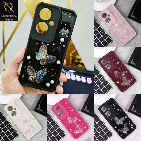 Oppo F25 Pro Cover - Pink - New Shiny Glitter 3D Pearls Butterflies Soft Case With Camera Protection (Glitter Does Not Move)