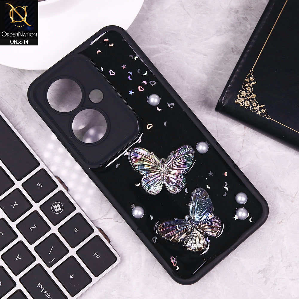 Oppo Reno 11F 5G Cover - Black - New Shiny Glitter 3D Pearls Butterflies Soft Case With Camera Protection (Glitter Does Not Move)